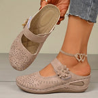 Women's Slip-On Wedge Sandals with Flower Decor Hollow Out Round Toe Closed Toe Summer Mules-Women's Slippers-Beige-5-
