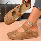 Women's Slip-On Wedge Sandals with Flower Decor Hollow Out Round Toe Closed Toe Summer Mules-Women's Slippers-Khaki-5-