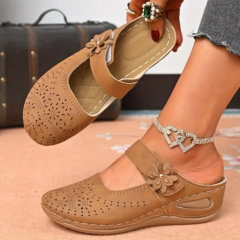 Women's Slip-On Wedge Sandals with Flower Decor Hollow Out Round Toe Closed Toe Summer Mules-Women's Slippers-Khaki-5-