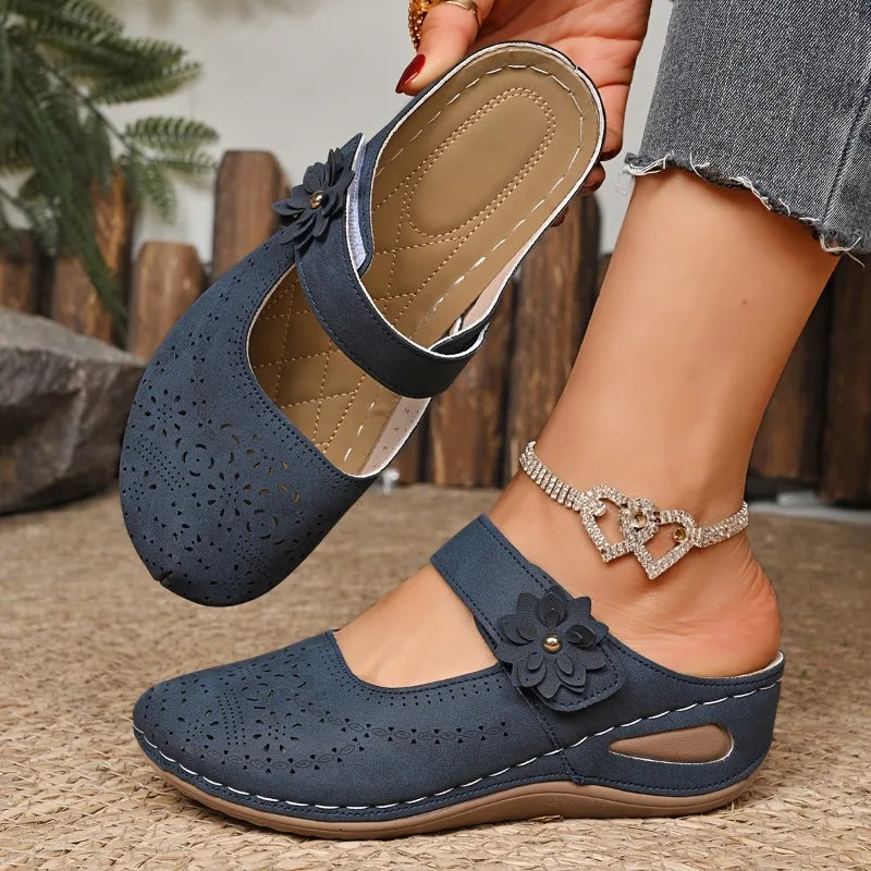 Women's Slip-On Wedge Sandals with Flower Decor Hollow Out Round Toe Closed Toe Summer Mules-Women's Slippers-Blue-5-