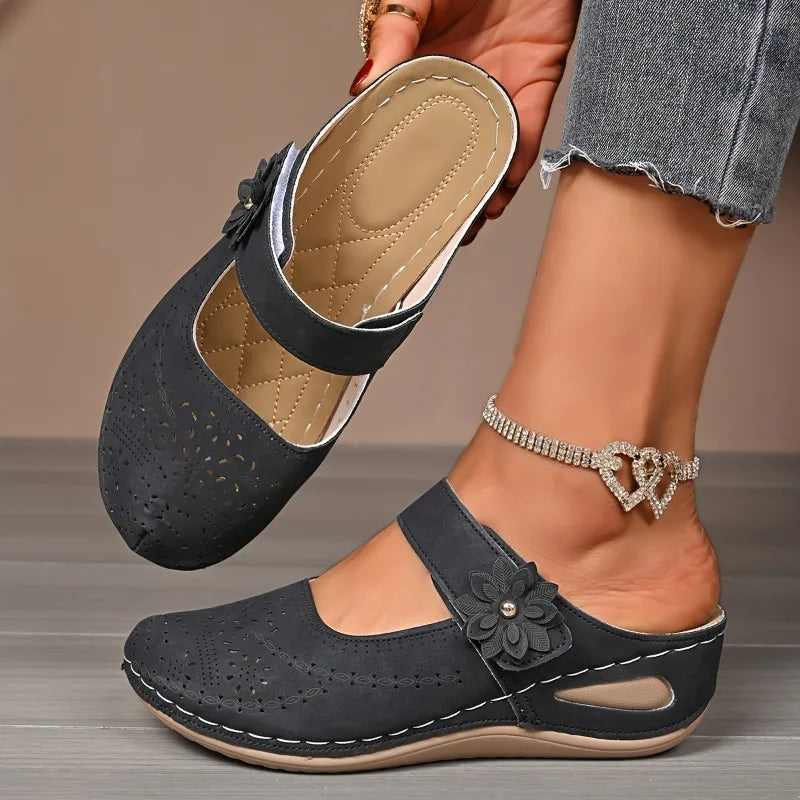 Women's Slip-On Wedge Sandals with Flower Decor Hollow Out Round Toe Closed Toe Summer Mules-Women's Slippers-Black-5-