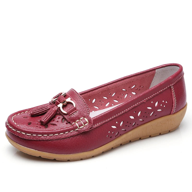 Women's Slip-On Loafers Moccasins with Tassel Detail Hollow Out Casual Wedge Flats-Women's Flats-Wine Red-3-