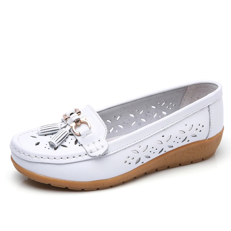 Women's Slip-On Loafers Moccasins with Tassel Detail Hollow Out Casual Wedge Flats-Women's Flats-White-3-