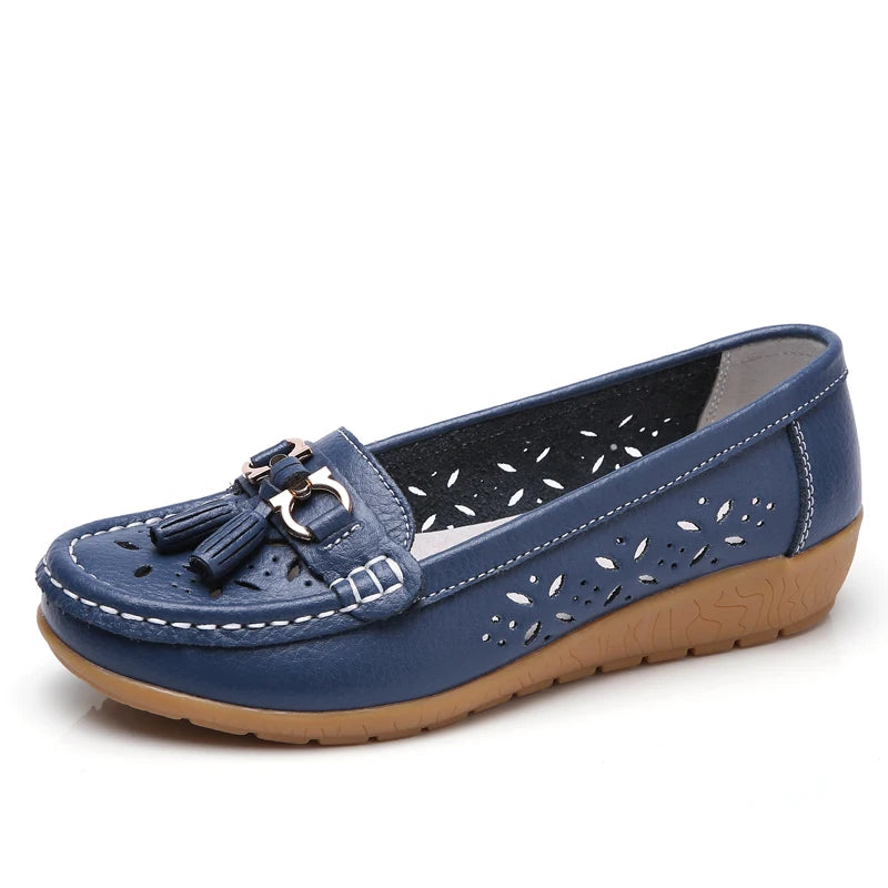 Women's Slip-On Loafers Moccasins with Tassel Detail Hollow Out Casual Wedge Flats-Women's Flats-Dark Blue-3-