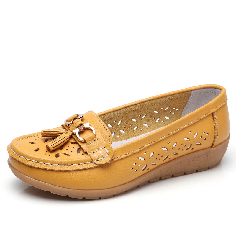 Women's Slip-On Loafers Moccasins with Tassel Detail Hollow Out Casual Wedge Flats-Women's Flats-Yellow-3-