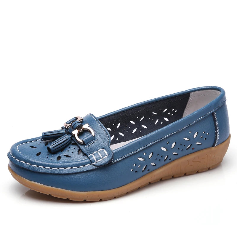 Women's Slip-On Loafers Moccasins with Tassel Detail Hollow Out Casual Wedge Flats-Women's Flats-Blue-3-