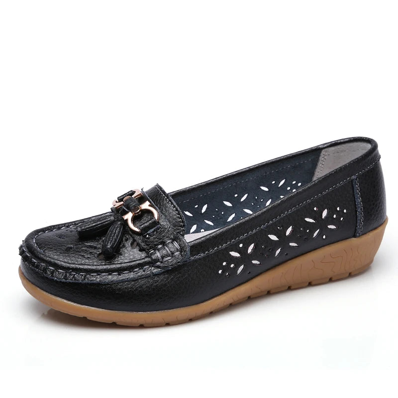 Women's Slip-On Loafers Moccasins with Tassel Detail Hollow Out Casual Wedge Flats-Women's Flats-Black-3-