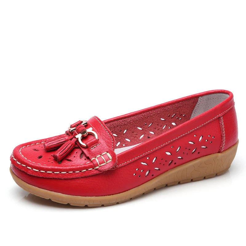 Women's Slip-On Loafers Moccasins with Tassel Detail Hollow Out Casual Wedge Flats-Women's Flats-Red-3-