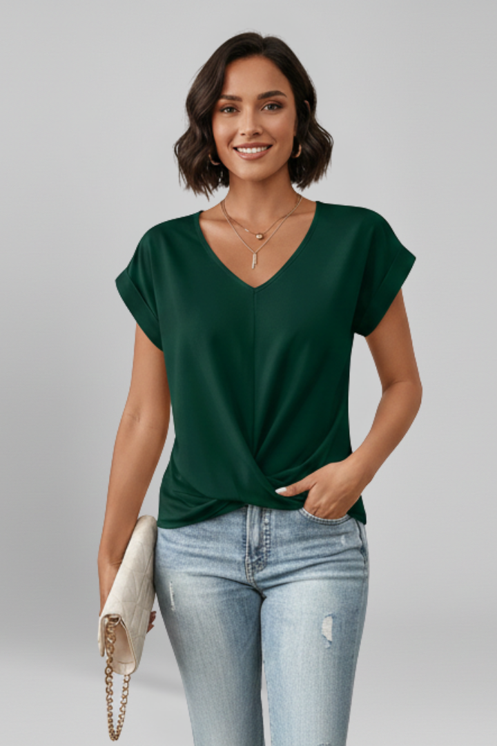 Isola | Blouse for Women - V Neck Short Sleeve Pull On Relaxed Woven Everyday Fit-Women's T-shirt-Green-S-Camoufit