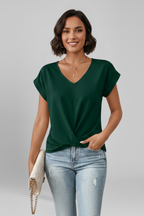Isola | Blouse for Women - V Neck Short Sleeve Pull On Relaxed Woven Everyday Fit-Women's T-shirt-Green-S-Camoufit