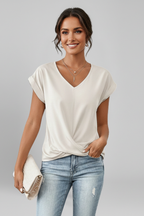 Isola | Blouse for Women - V Neck Short Sleeve Pull On Relaxed Woven Everyday Fit-Women's T-shirt-White-S-Camoufit