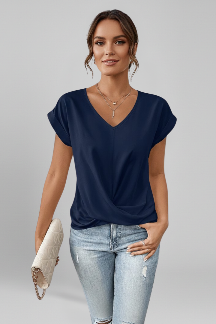 Isola | Blouse for Women - V Neck Short Sleeve Pull On Relaxed Woven Everyday Fit-Women's T-shirt-Blue-S-Camoufit