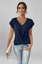Isola | Blouse for Women - V Neck Short Sleeve Pull On Relaxed Woven Everyday Fit-Women's T-shirt-Blue-S-Camoufit