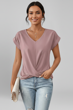 Isola | Blouse for Women - V Neck Short Sleeve Pull On Relaxed Woven Everyday Fit-Women's T-shirt-Pink-S-Camoufit