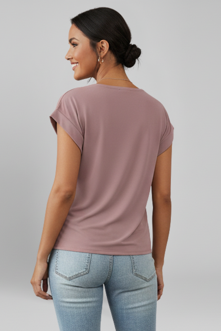 Isola | Blouse for Women - V Neck Short Sleeve Pull On Relaxed Woven Everyday Fit-Women's T-shirt-Pink-S-Camoufit