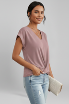 Isola | Blouse for Women - V Neck Short Sleeve Pull On Relaxed Woven Everyday Fit-Women's T-shirt-Pink-S-Camoufit