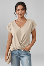 Isola | Blouse for Women - V Neck Short Sleeve Pull On Relaxed Woven Everyday Fit-Women's T-shirt-Apricot-S-Camoufit