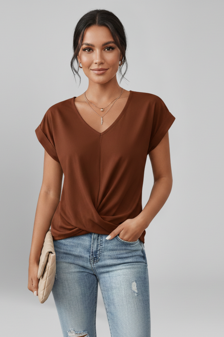 Isola | Blouse for Women - V Neck Short Sleeve Pull On Relaxed Woven Everyday Fit-Women's T-shirt-Red-S-Camoufit