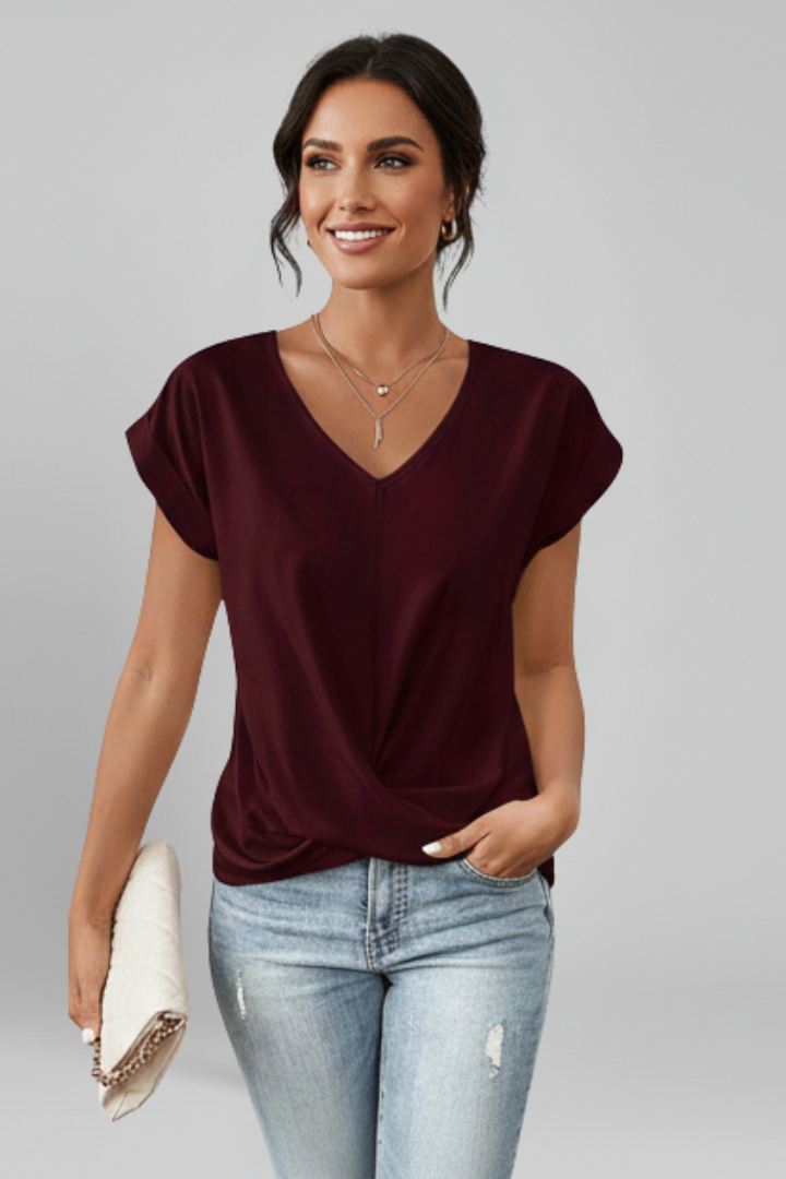 Isola | Blouse for Women - V Neck Short Sleeve Pull On Relaxed Woven Everyday Fit-Women's T-shirt-Burgundy-S-Camoufit
