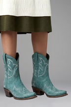Bellune | Cowboy Boots for Women - Western Embroidered Pointed Toe Mid Calf All Season Fit-Women's Ankle Boots-Turquoise Teal-5-Camoufit