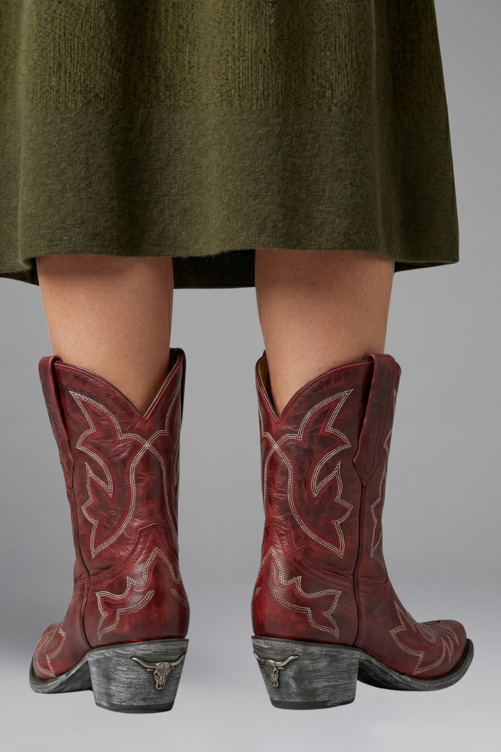 Bellune | Cowboy Boots for Women - Western Embroidered Pointed Toe Mid Calf All Season Fit-Women's Ankle Boots-Red-5-Camoufit