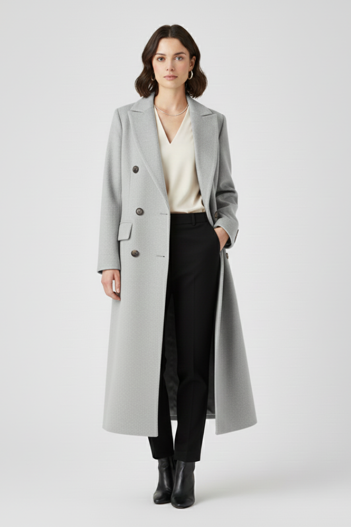 Elunara | Long Coat for Women - Lapel Collar Button Closure Flap Pocket Elegant Regular Fit-Women's Jacket-Grey-S-Camoufit