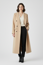 Elunara | Long Coat for Women - Lapel Collar Button Closure Flap Pocket Elegant Regular Fit-Women's Jacket-Beige-S-Camoufit