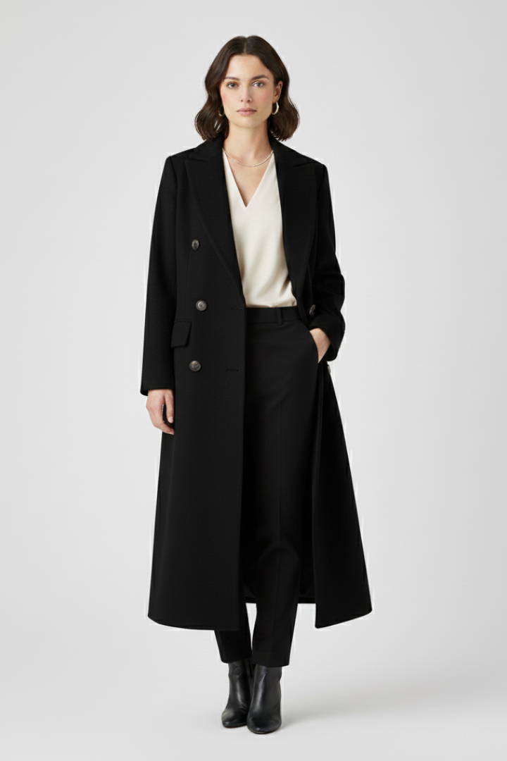 Elunara | Long Coat for Women - Lapel Collar Button Closure Flap Pocket Elegant Regular Fit-Women's Jacket-Black-S-Camoufit
