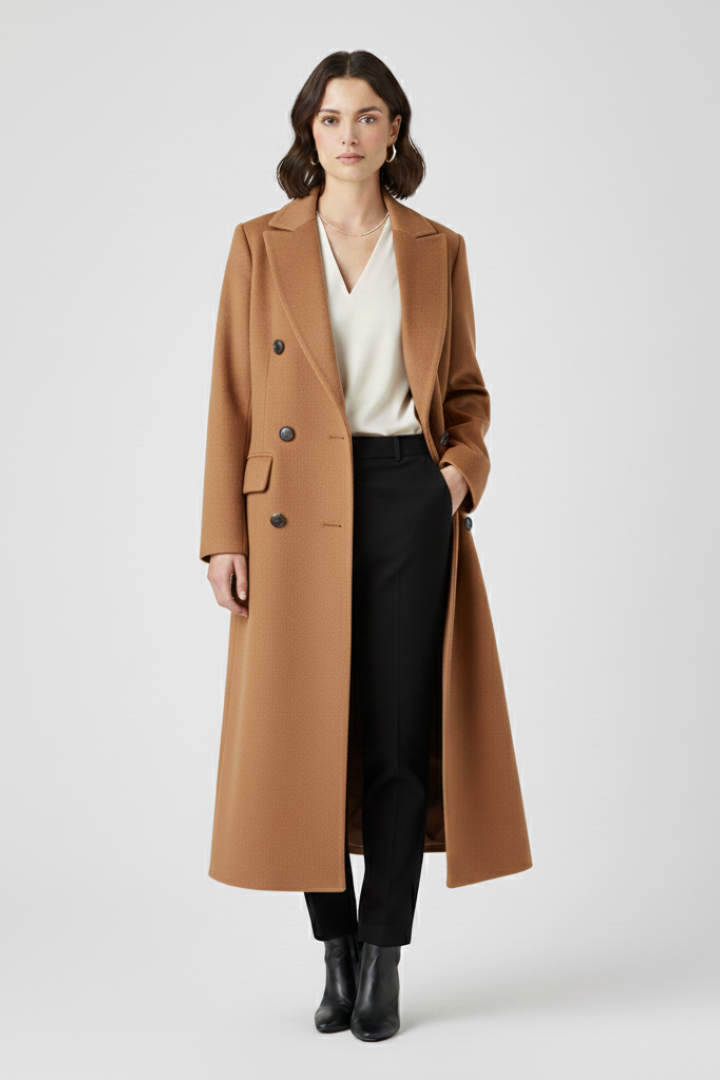 Elunara | Long Coat for Women - Lapel Collar Button Closure Flap Pocket Elegant Regular Fit-Women's Jacket-Brown-S-Camoufit