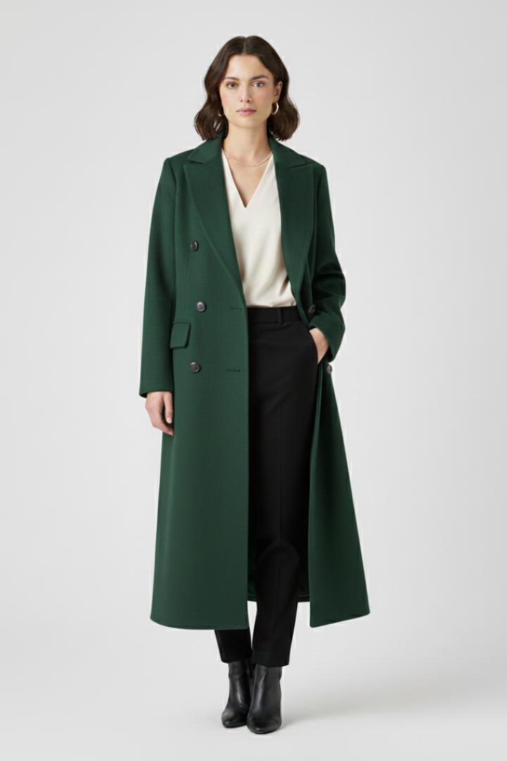 Elunara | Long Coat for Women - Lapel Collar Button Closure Flap Pocket Elegant Regular Fit-Women's Jacket-Green-S-Camoufit