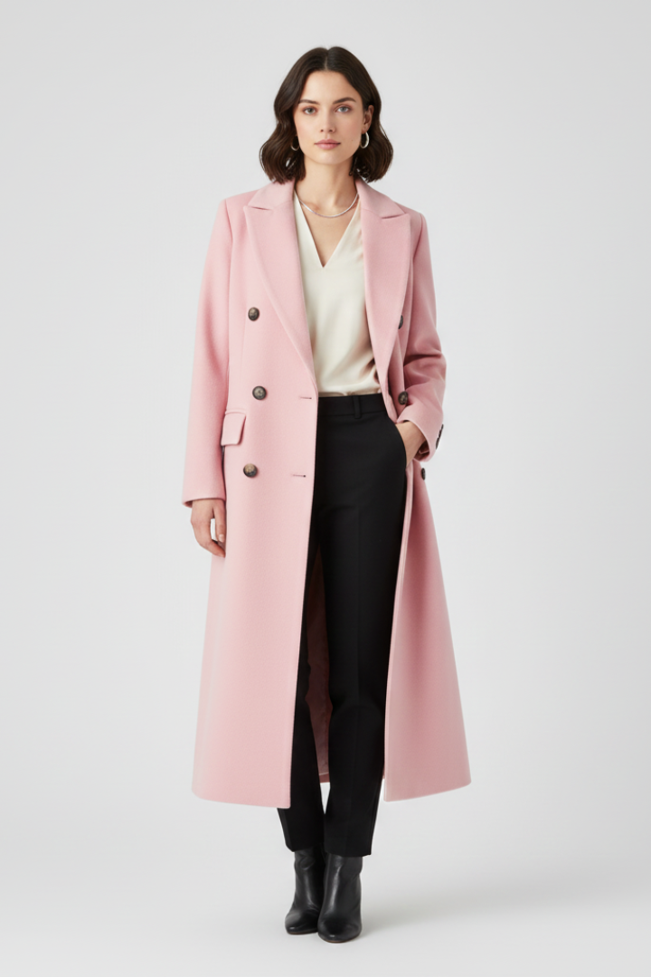 Elunara | Long Coat for Women - Lapel Collar Button Closure Flap Pocket Elegant Regular Fit-Women's Jacket-Pink-S-Camoufit