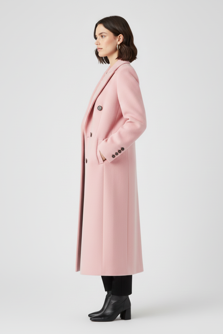 Elunara | Long Coat for Women - Lapel Collar Button Closure Flap Pocket Elegant Regular Fit-Women's Jacket-Pink-S-Camoufit