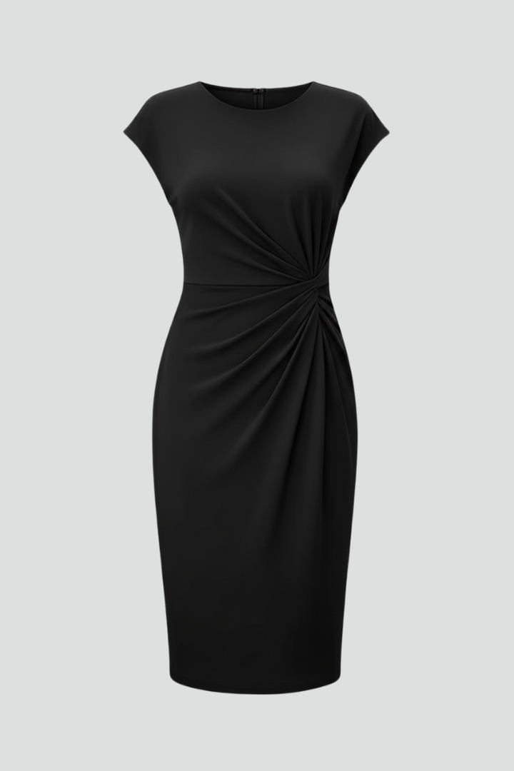 Vireya | Knee Length Dress for Women - Round Neck Cap Sleeve Ruched Waist Fitted Elegant Fit-Midi Dresses-Black-XS-Camoufit