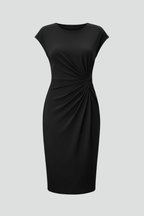 Vireya | Knee Length Dress for Women - Round Neck Cap Sleeve Ruched Waist Fitted Elegant Fit-Midi Dresses-Black-XS-Camoufit