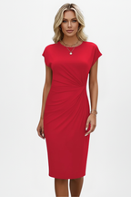 Vireya | Knee Length Dress for Women - Round Neck Cap Sleeve Ruched Waist Fitted Elegant Fit-Midi Dresses-Red-XS-Camoufit