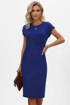 Vireya | Knee Length Dress for Women - Round Neck Cap Sleeve Ruched Waist Fitted Elegant Fit-Midi Dresses-Dark Blue-XS-Camoufit