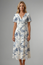 Malira | Midi Dress for Women - V Neck Floral Short Sleeve A Line Flattering Fit-Midi Dresses-S-Camoufit