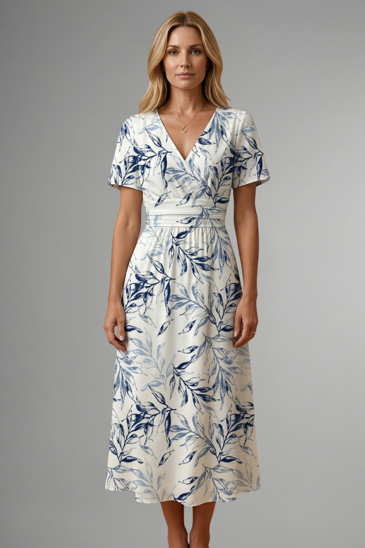 Malira | Midi Dress for Women - V Neck Floral Short Sleeve A Line Flattering Fit-Midi Dresses-S-Camoufit