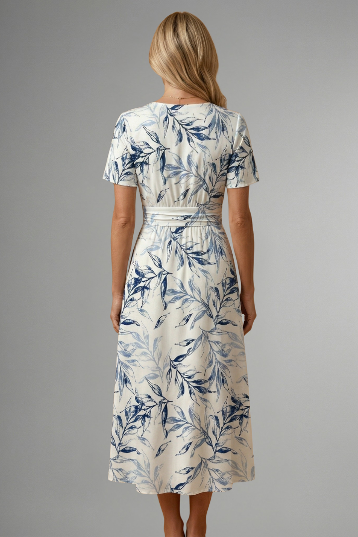 Malira | Midi Dress for Women - V Neck Floral Short Sleeve A Line Flattering Fit-Midi Dresses-S-Camoufit