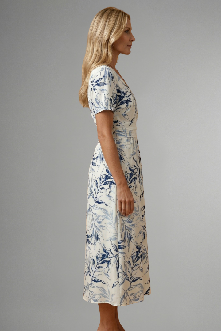 Malira | Midi Dress for Women - V Neck Floral Short Sleeve A Line Flattering Fit-Midi Dresses-S-Camoufit
