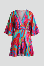 Lunaria | Mini Dress for Women - V Neck Batwing Sleeve Printed Waist Tie Flattering Fit-Mini Dress-Pink-S-Camoufit
