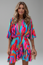 Lunaria | Mini Dress for Women - V Neck Batwing Sleeve Printed Waist Tie Flattering Fit-Mini Dress-Multicoloured-S-Camoufit