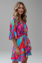 Lunaria | Mini Dress for Women - V Neck Batwing Sleeve Printed Waist Tie Flattering Fit-Mini Dress-Pink-S-Camoufit