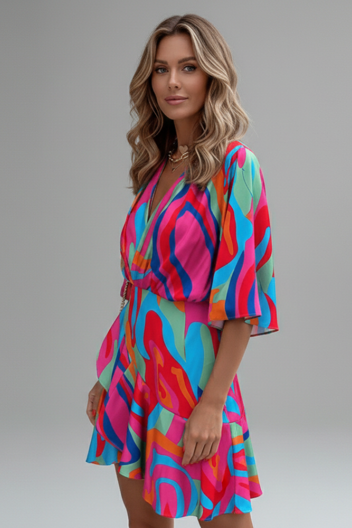 Lunaria | Mini Dress for Women - V Neck Batwing Sleeve Printed Waist Tie Flattering Fit-Mini Dress-Pink-S-Camoufit