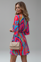 Lunaria | Mini Dress for Women - V Neck Batwing Sleeve Printed Waist Tie Flattering Fit-Mini Dress-Pink-S-Camoufit
