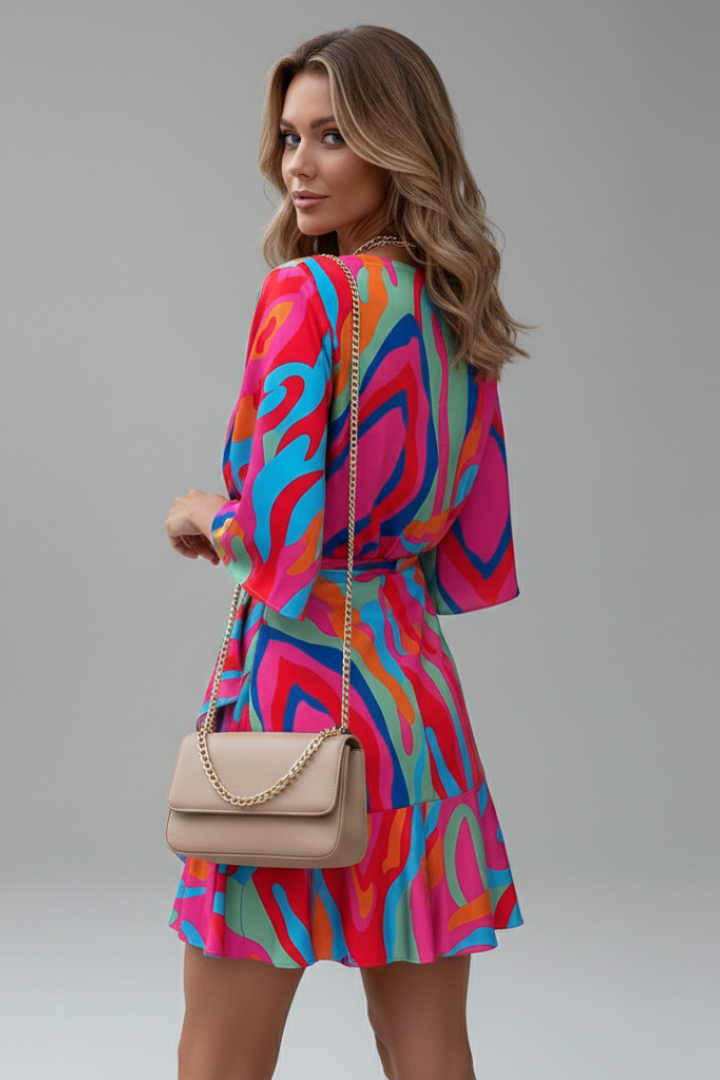 Lunaria | Mini Dress for Women - V Neck Batwing Sleeve Printed Waist Tie Flattering Fit-Mini Dress-Pink-S-Camoufit