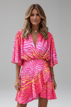 Lunaria | Mini Dress for Women - V Neck Batwing Sleeve Printed Waist Tie Flattering Fit-Mini Dress-Pink-S-Camoufit