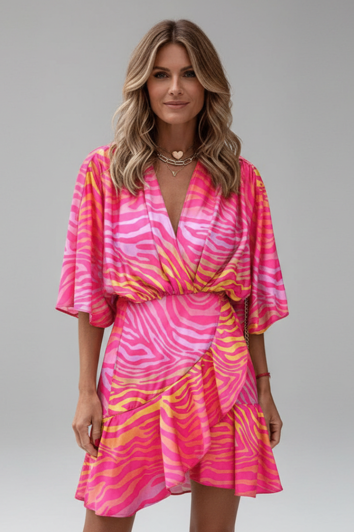 Lunaria | Mini Dress for Women - V Neck Batwing Sleeve Printed Waist Tie Flattering Fit-Mini Dress-Pink-S-Camoufit