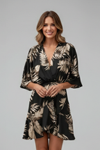 Lunaria | Mini Dress for Women - V Neck Batwing Sleeve Printed Waist Tie Flattering Fit-Mini Dress-Black-S-Camoufit
