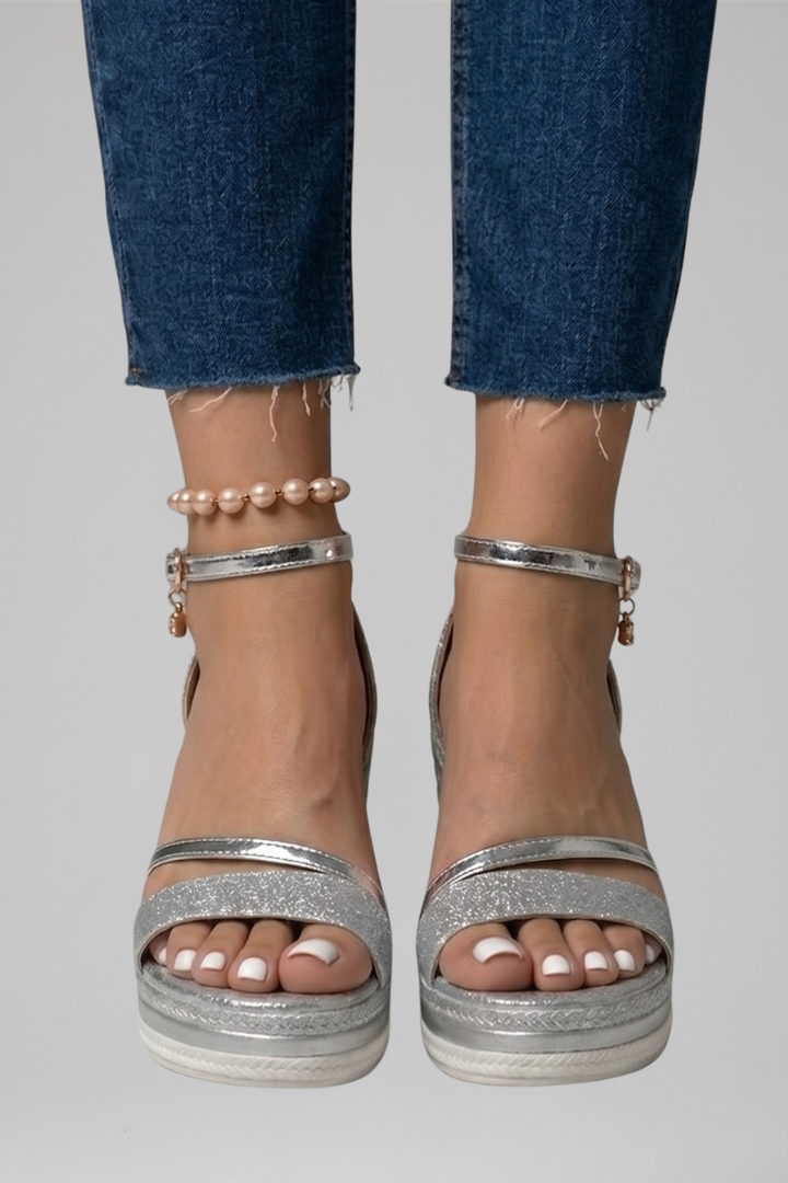 Aléora | Cushioned Sandals for Women - Slip On Contoured Footbed Low Platform Comfort Fit-Women's Heels-Silver-5-Camoufit